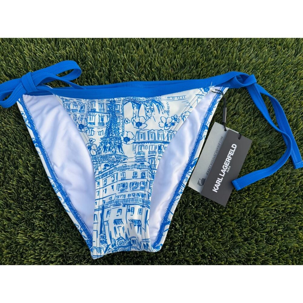 Karl Lagerfeld Paris Women's Tie Side Bikini Bottom French Blue Print Size XL